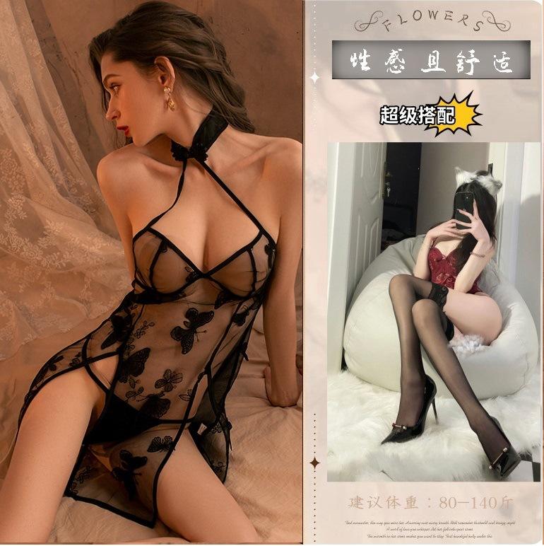Sex lingerie butterfly embroidered pajamas sexy retro cheongsam wind uniform temptation plus size women's suit