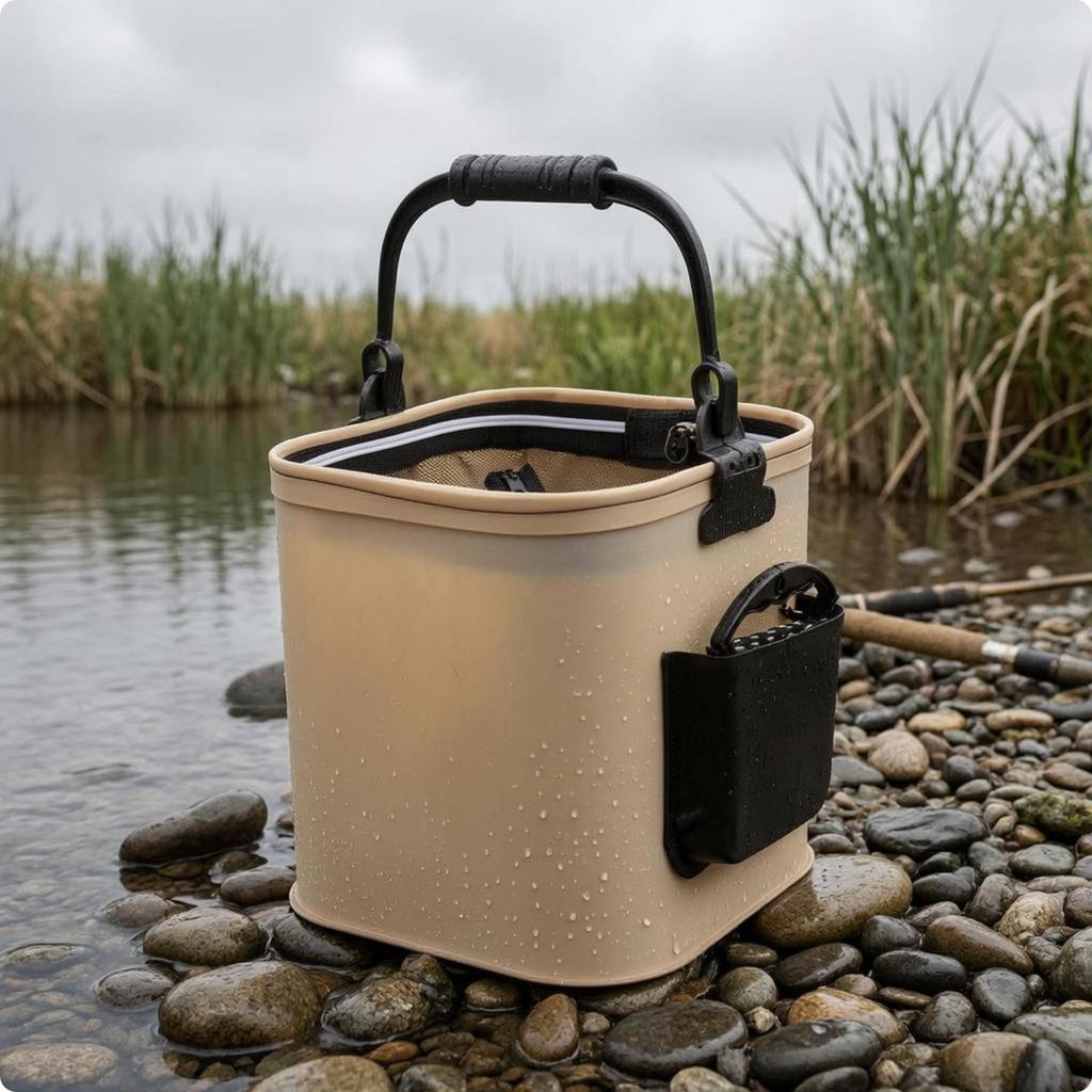 Foldable Fishing Bucket Padded Handle Square Angling Container Side Pockets Basket
