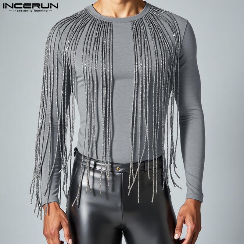 INCERUN Men Long Sleeve Glitter Tassel Patchwork Casual Fitted T-shirts Tops