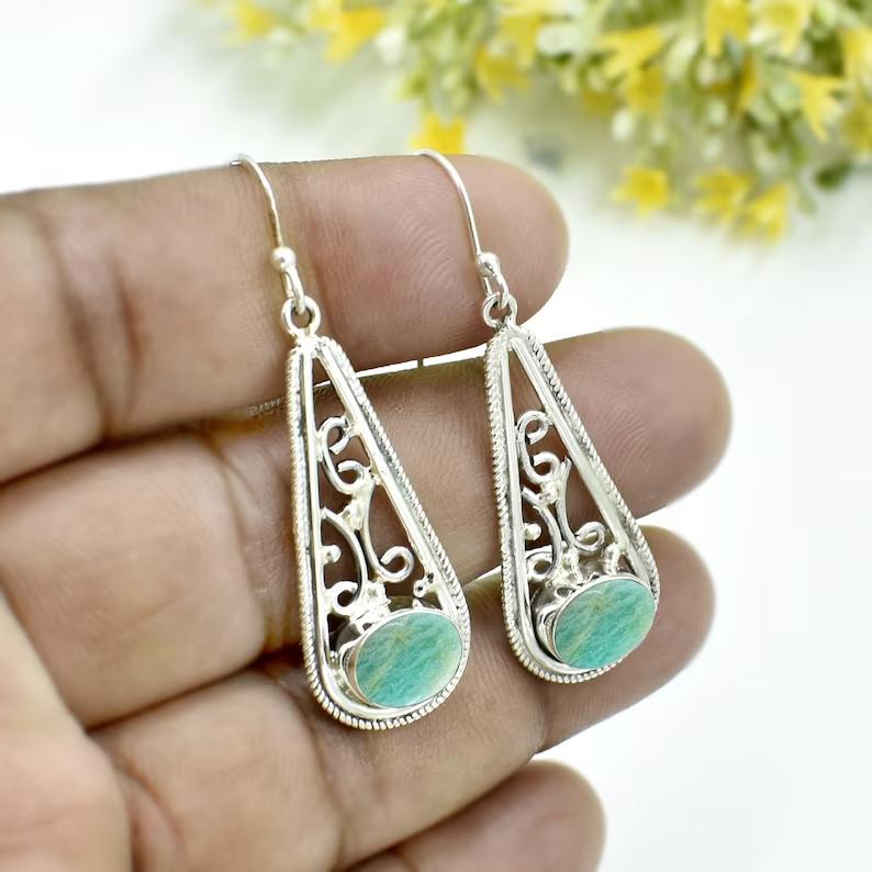 Natural Amazonite Gemstone Earring 925 Silver Gemstone Handmade Earring