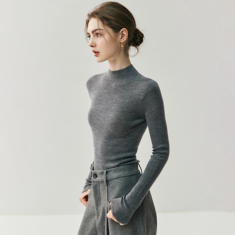 Women's Slim Fit Merino Wool Pullover Sweater - Half-High Neck, Autumn/Winter, Machine Washable