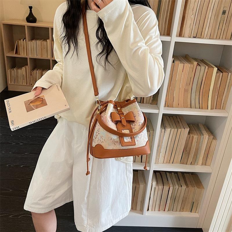 Bucket Bowknot Vintage Handbag with Ethnic Style and Three-color Glaze Bucket Bag for Casual Wear