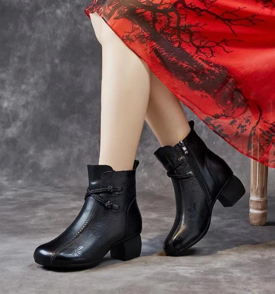 Nationale Wind Korte Laarzen Herfst/winter Nieuwe Bedrukte Moederschoenen Vintage Mode Ronde Neus Dikke Hak Katoenen Laarzen