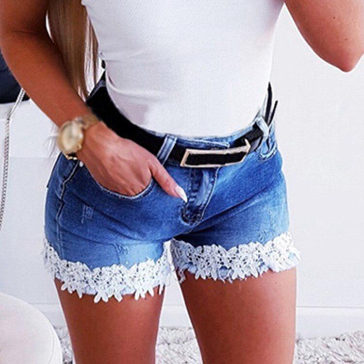 Ladies Casual Stretch Denim Shorts Slim Fit with Lace Stitching Regular Jeans Women