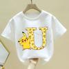 Pokemon Pikachu T-shirt Children A-Z Letter White Clothes Round Collar Clothing Kids Short Sleeve Cartoon Partern Summer Tee Top