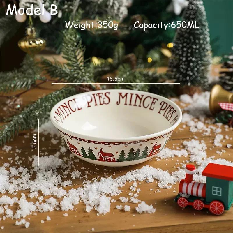 Ceramic Christmas Tableware Set with Handle, Soup Plate, Dinner Utensil, French Letter Cup, Steak Tray, Salad Bowl, Household