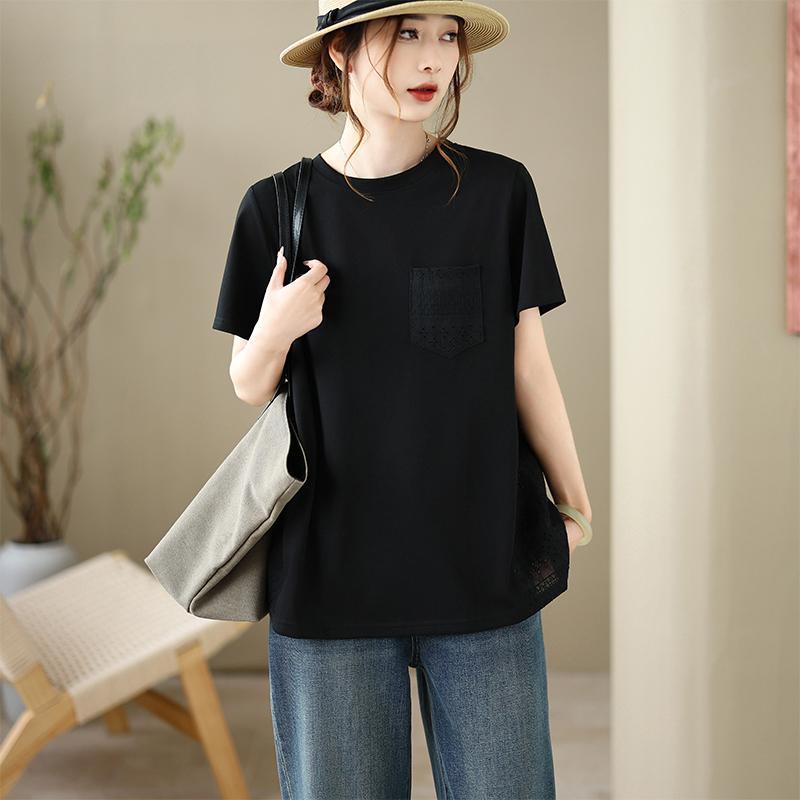 

DIMANAF 2026 Plus Size Summer Women T-Shirts Lace Casual Lady Tops Cotton Tunic Shirt Oversize Loose Tees Black One size чорний