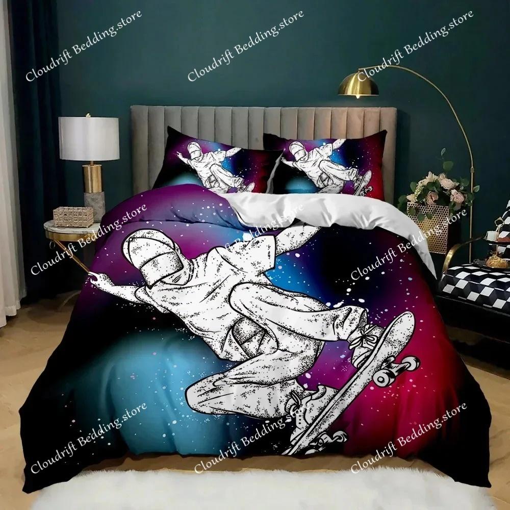 Skateboard Duvet Cover Set Hip Hop Style Bedding Set Colorful Rainbow Tie-Dye Hippie Abstract Graffiti Art Polyester Qulit Cover