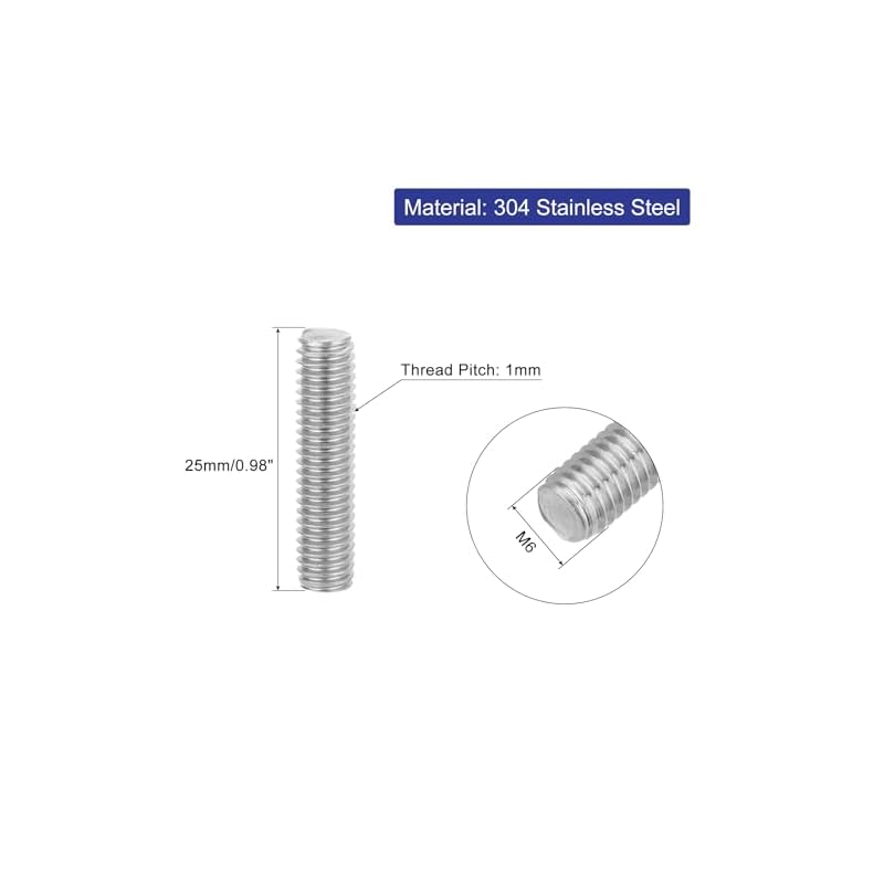 uxcell Fully Threaded M6 Rod Stud Bolt, Long Thread, 25mm Length, 1mm Pitch, 304 Stainless Steel, Right-Hand Thread, Set of 4