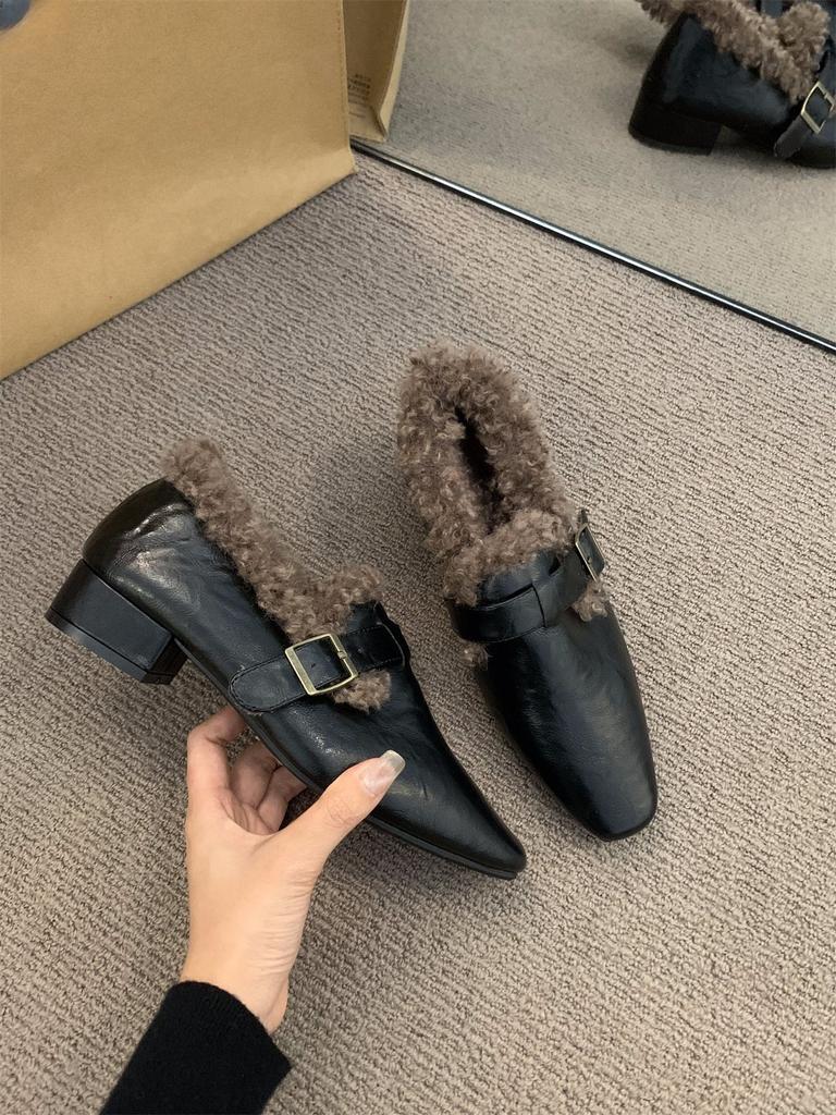 Thick Heel Retro Loafer Single Shoes Shoes Seasonal Plush Shoes Small Leather Shoes Warm Cotton Shoes