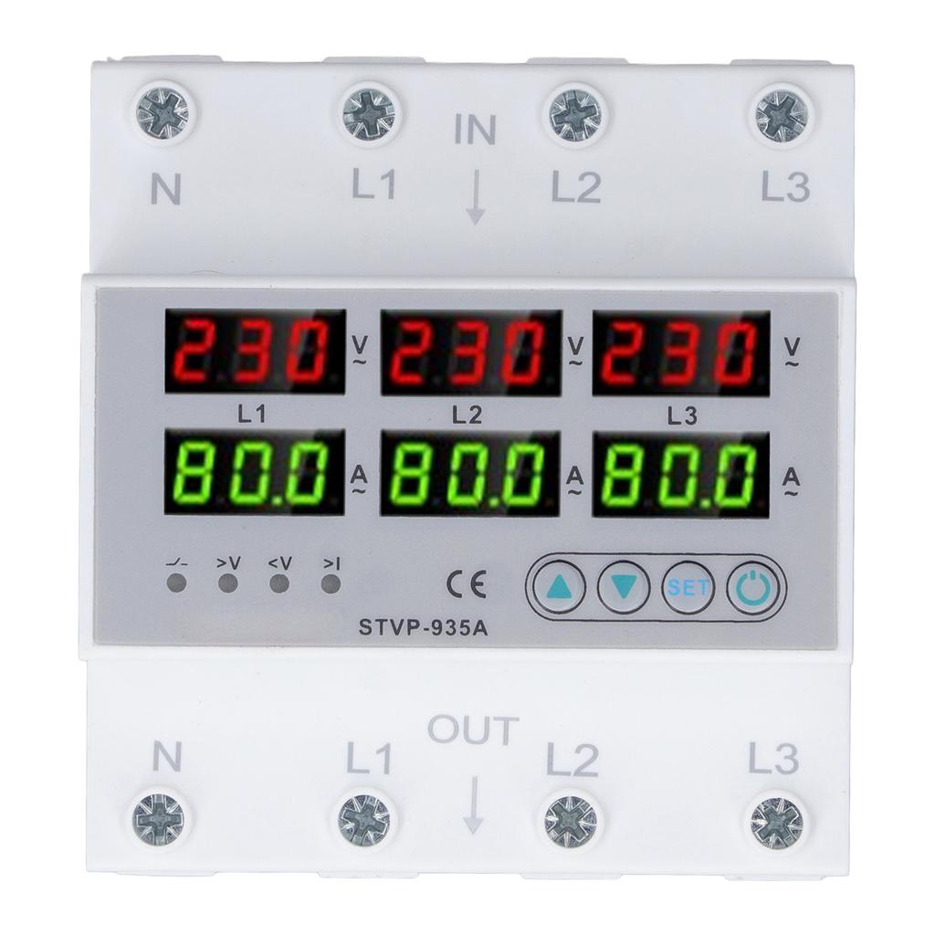 Over Under Voltage Protector 80A 3 Phase Auto Reset Voltage Protective Device DIN Rail Voltmeter Amm
