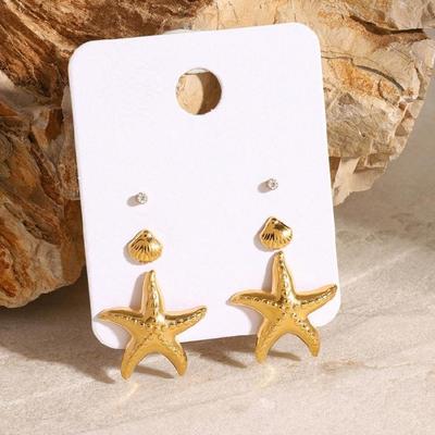 3 Pair Stainless Steel Starfish Shell Earrings Set for Party and Vacation Looks Stackable Ear Studs Casual Wear Jewelry