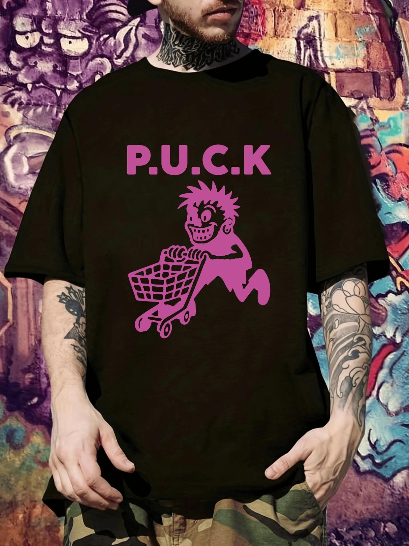 P.U.C.K Graphic T-shirt - Black with Pink Cartoon Character & Shopping Cart Design S