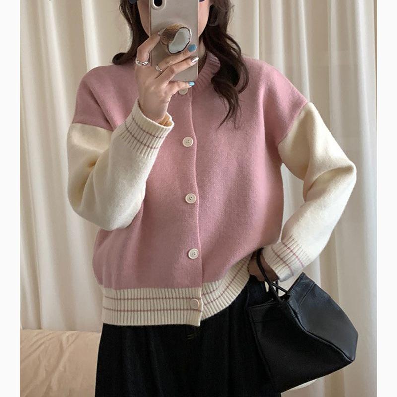 

Crew neck knitted cardigan women s new sweet loose casual contrasting color retro baseball jersey sweater jacket one size fits all розовый
