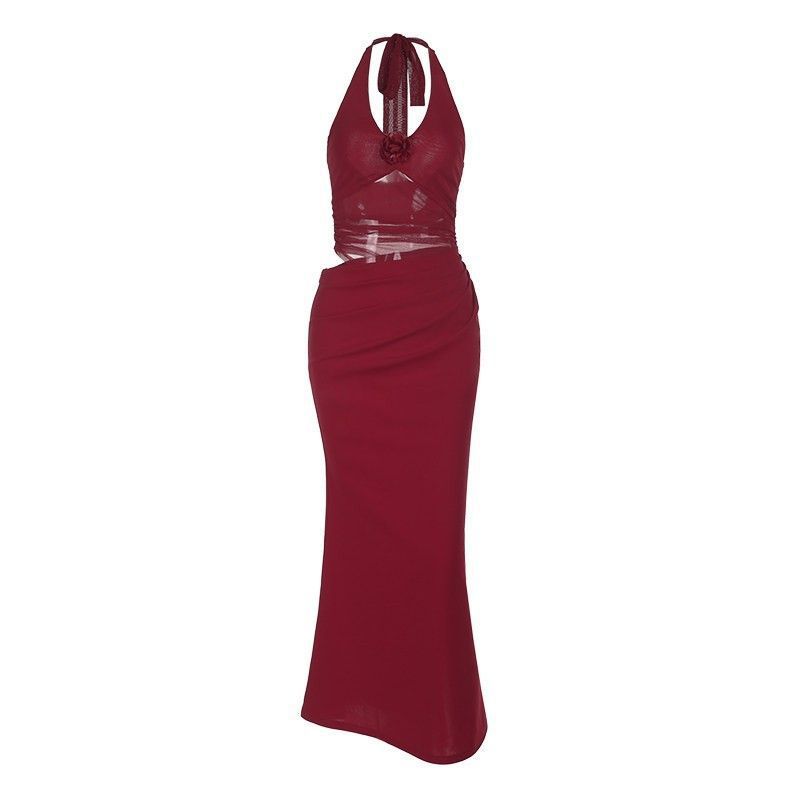 Pure Desire Sexy Red Waist Neck Dress Women 2026 New Beach Seaside Vacation Wear Long Dress