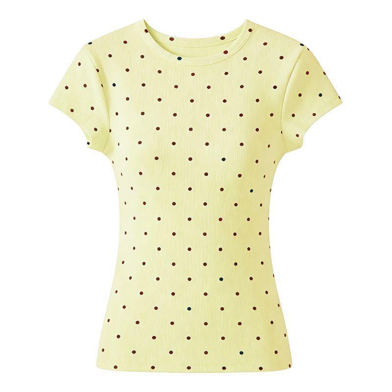 Women Polka Dot Short Sleeve T-Shirt 2026 Summer New Korean Style Crew Neck Slim Fitted Casual Short Top Tees