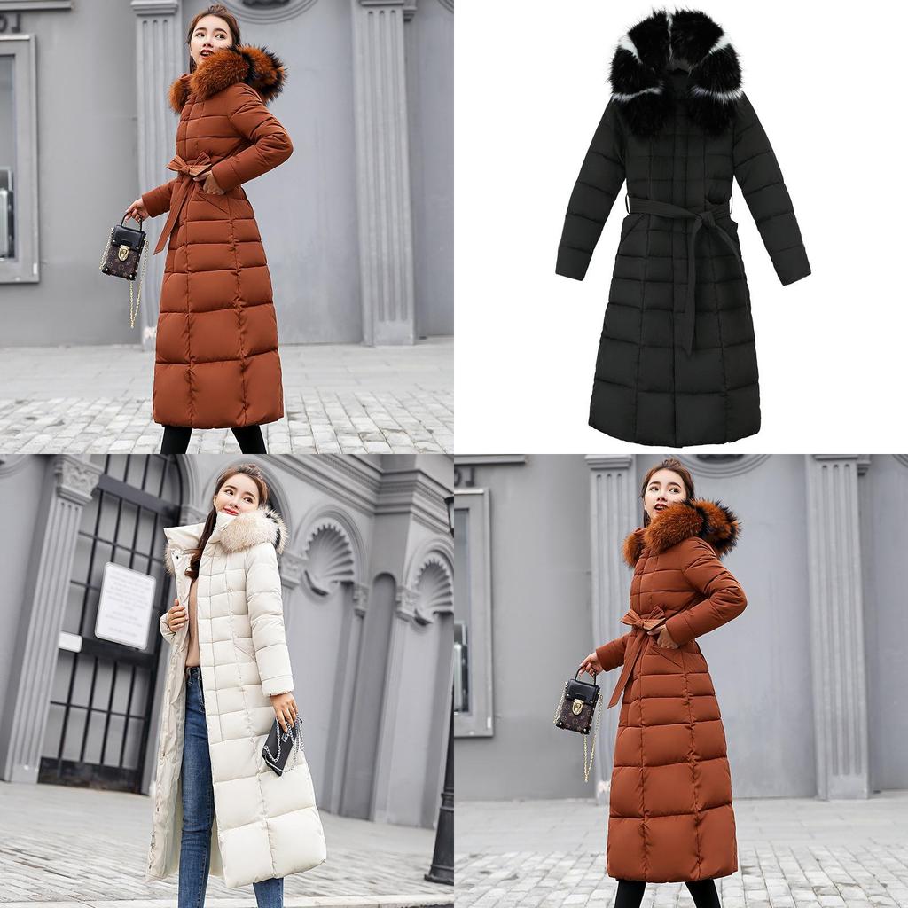 Luxurious Women Full Length Parka Jacket Down Cotton Puffer Coat Fur Long Hooded Winter