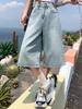 Damen Sommer American Vintage Baggy Denim Cropped Pants Frau High Waist Washed Jeans mit weitem Bein Hellblau Loose A Line Shorts
