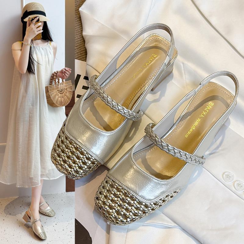 Genuine French retro square head Mary Jane sandals women's summer new hollow woven thick heel high heels with skirt