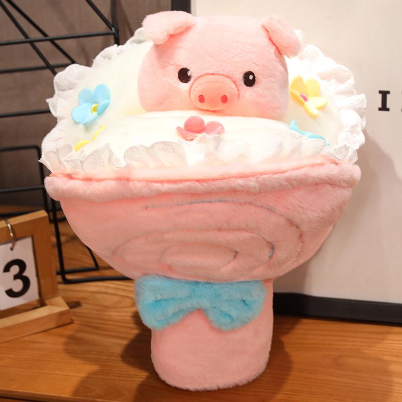 

35 см креативная милая плюшевая игрушка свинья кролик медведь держит цветы в руке игрушка забавный букет превращается в подушку украшение для дома подарок 35X40X40cm розовый