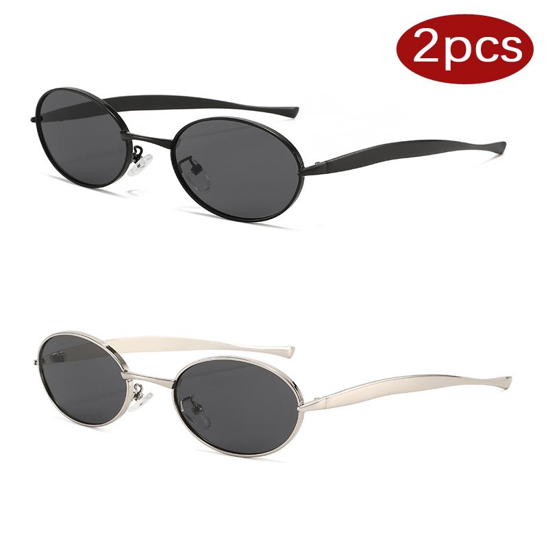 2pcs Y2K Oval Small Frame Unique Sunglasses Women Luxury Brand Metal Sun Glasses Punk Style Colorful Popular Eyeglasses UV400