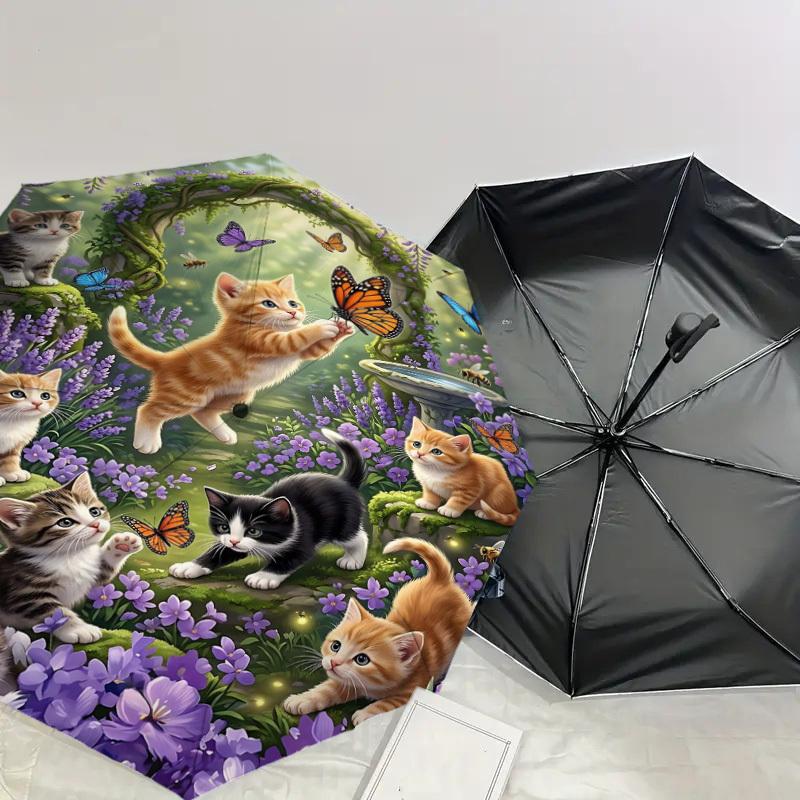 1PC Kittens, Butterflies Umbrella-8-Rib Reinforced Portable Folding Travel Suitable for All Seasons Outdoor Daily Use Is an Ideal Choice -K0379