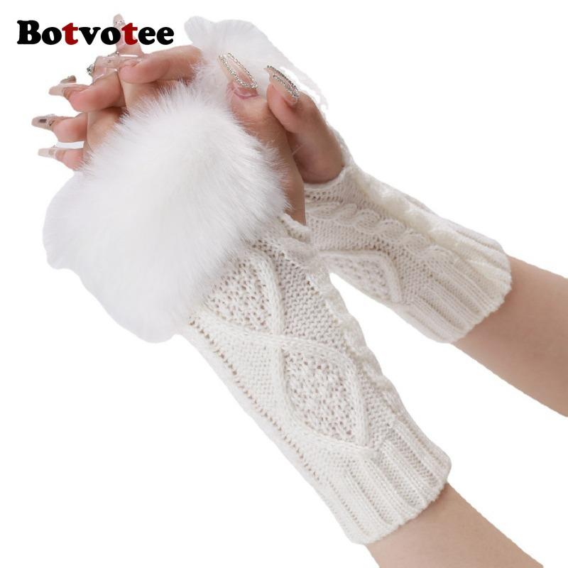 Botvotee Furry Y2k Accessoires Ärmel für Damen Armstulpen Winter Strick Burgunder Fingerlose Handschuhe Niedlicher Armschutz Halbfinger