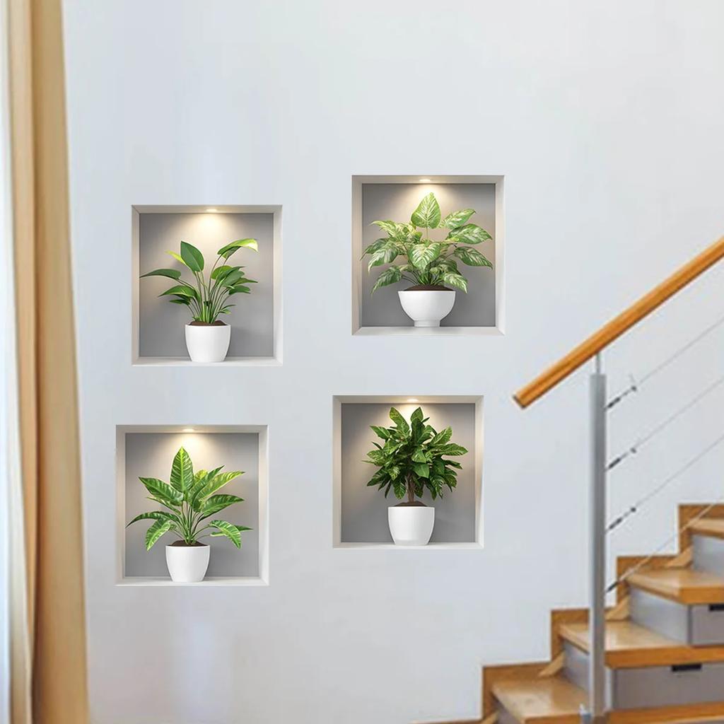 New 4PCS Tropical Green Plants Potted Plant Wall Stickers for Bedroom, Living Room, Entrance, Home Wall Decoration Stickers