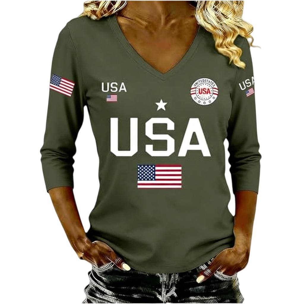 Women V Neck 3 4 Sleeve USA Letter Print Top Casual Loose Fit American Flag Graphic Pullover Shirt for Women