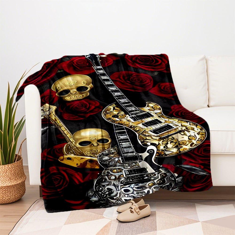 Golden Skull Guitar with Red Roses BackgroundBlanket Flannel Throw Blanket for Sofa, Bed, Travel, Camping, Office