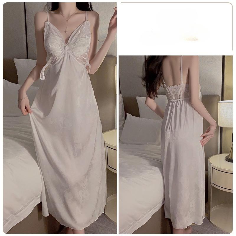 Women’s Long Ice Silk Nightdress Sexy Backless Sleep Dress Push-Up Padded Mesh Cami Sleepwear