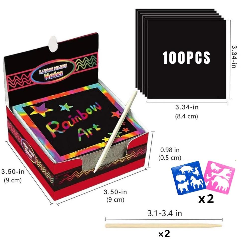 

100PCS Rainbow Scratch Mini Notes Paper Pad Cards With Drawing Stencil Children Kids DIY Draw Painting Educational Toys Gifts