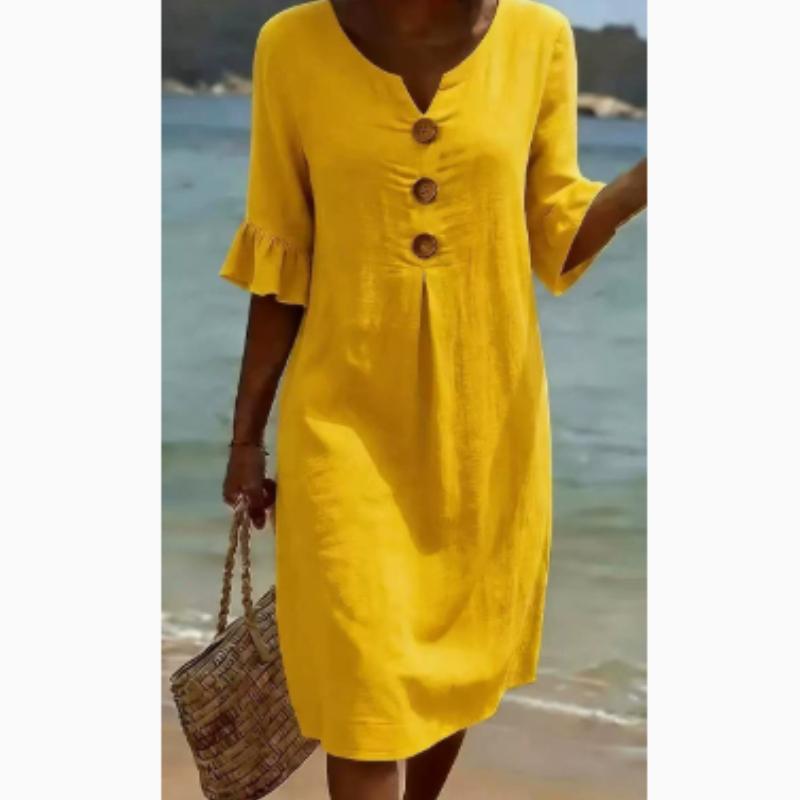 Casual Cotton Linen Midi Sundress with Ruffle Sleeves and Button Details