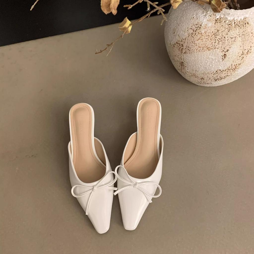 In the summer of 2025, the new bow mid-heel Muller shoes bag head half slippers women's large size high-heeled single shoes cool slippers