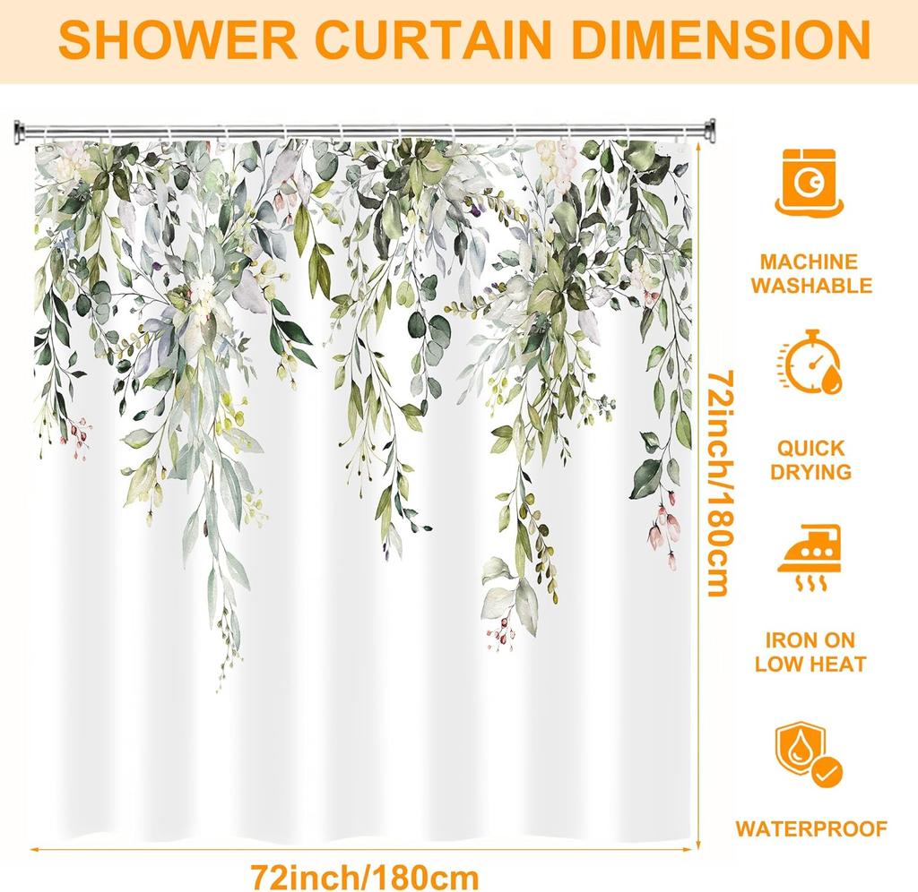 Watercolor Plant Eucalyptus Leaves Shower Curtain,Bathroom Shower Curtains Bathtub Home Decor Waterproof Fabric Machine Washable
