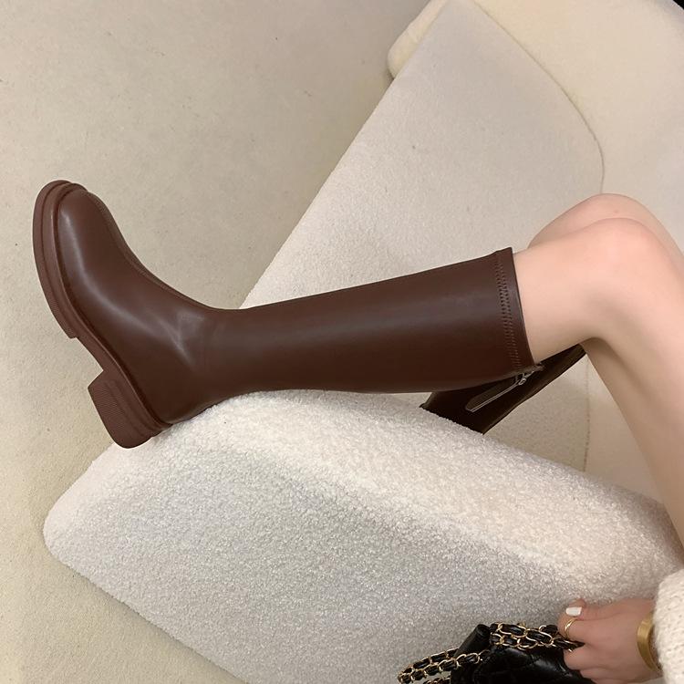 Strong push~! Huge and thin! ins retro brown round head thick-soled medium heel high boots elastic boots