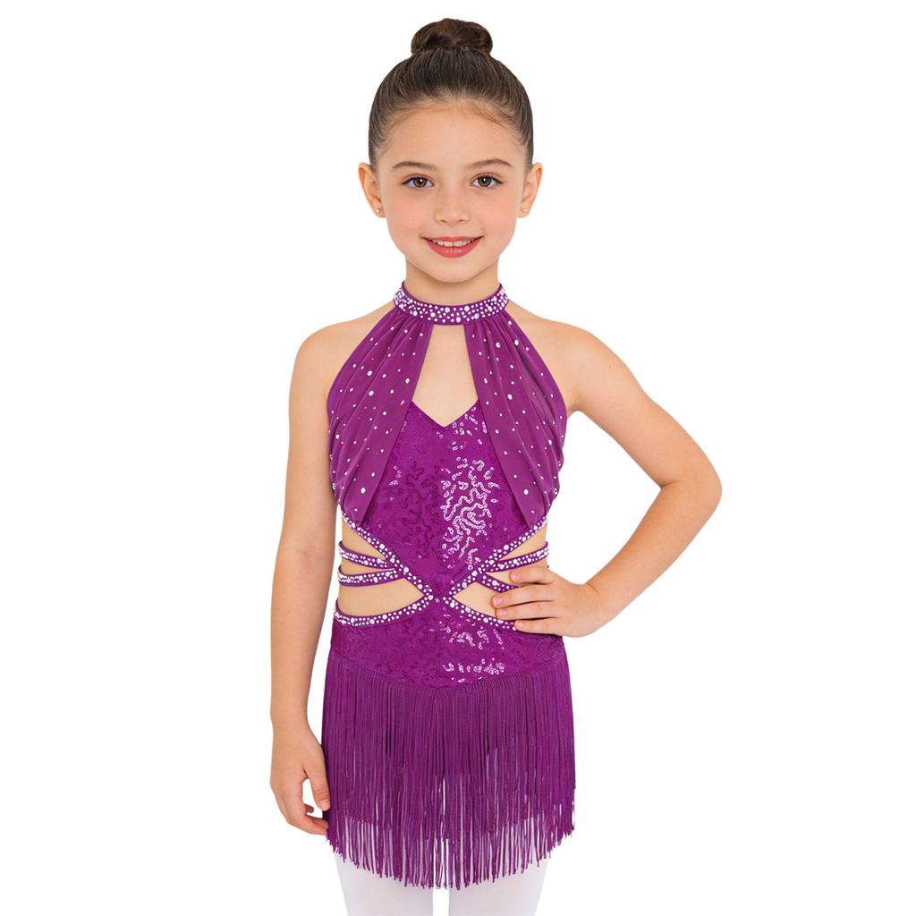 Dziewczęca Sukienka do Tańca Latynoamerykańskiego Bez Rękawów Marszczona Siateczkowa Góra Wycięcie w Talii Paski Błyszczące Frędzle Cyrkonie Płatki Sequins Body