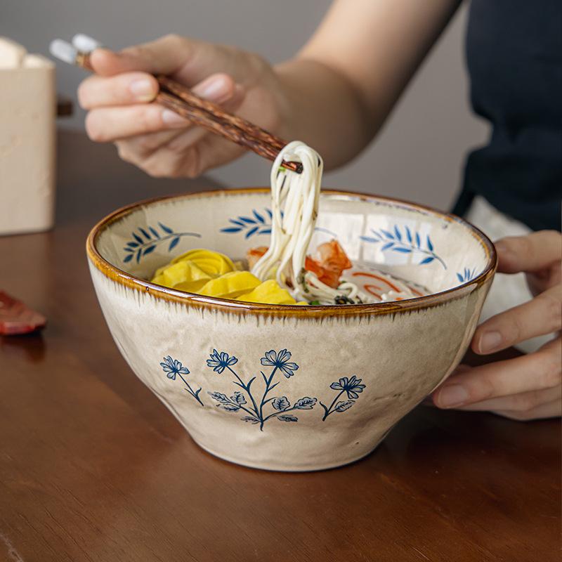 Retro Style 7-Inch Relief Ceramic Ramen Bowl High-Footed Soup Bowl Eating Noodles Large Bowl Instant Noodles Mixing Bowl Outlet