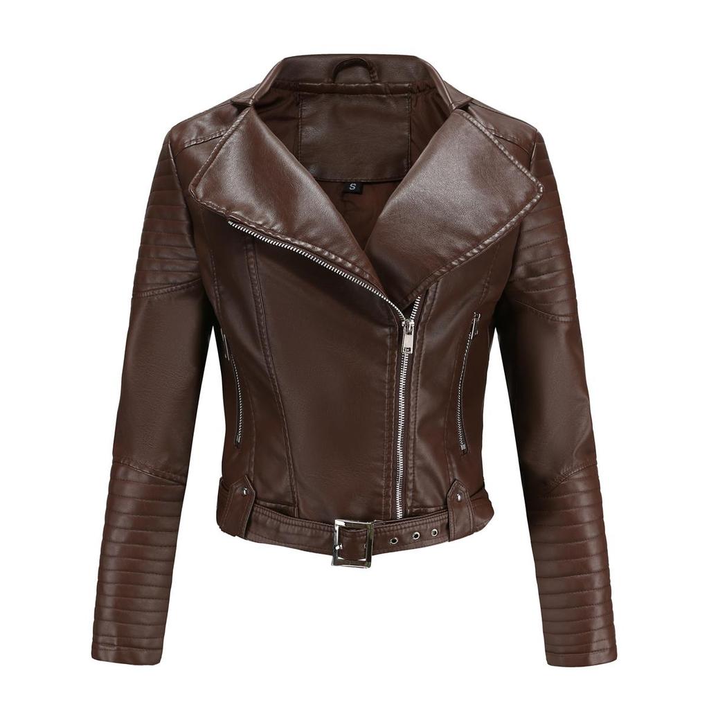 Punk Style Jackets for Women Faux Leather Lapel Tie Belt Motorcycle Short Coat Long Sleeves Zipper Outwear Bomber Tops