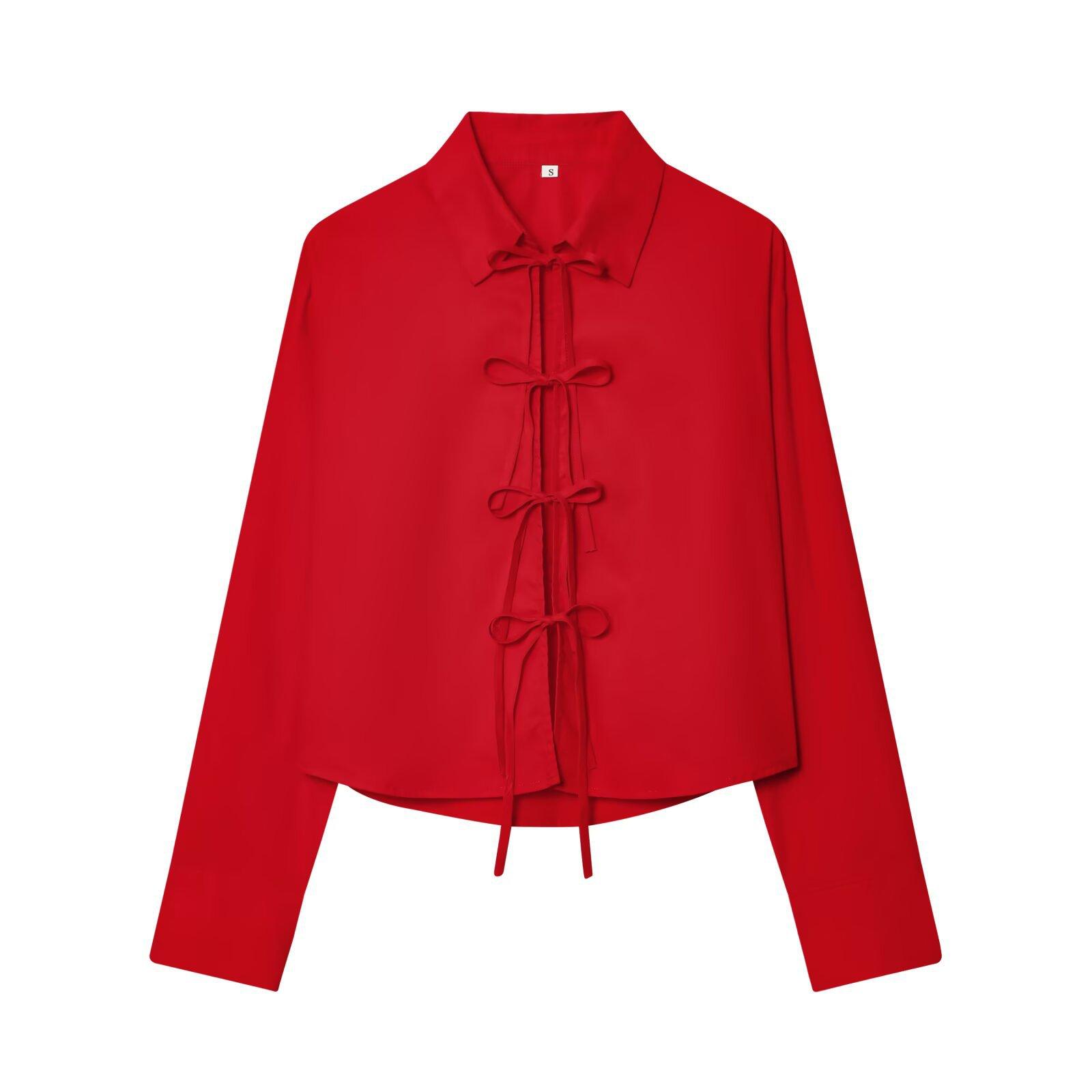 European and American style, new women s clothing, foreign style, fashionable versatile lace-up poplin shirt 1327619 S красный