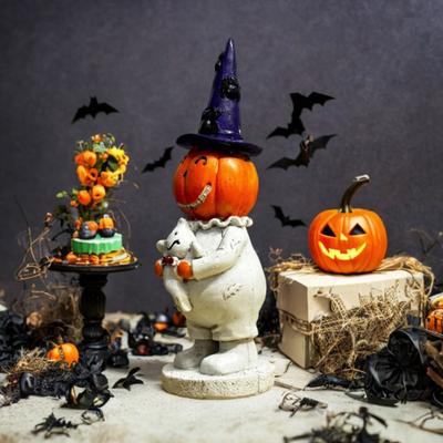 Halloween Smiling Pumpkin Man Statue Spooky Wizard Hat Pumpkin Holding Ghost Resin Figurine Sculpture Party Home Desktop Decoration Ornament