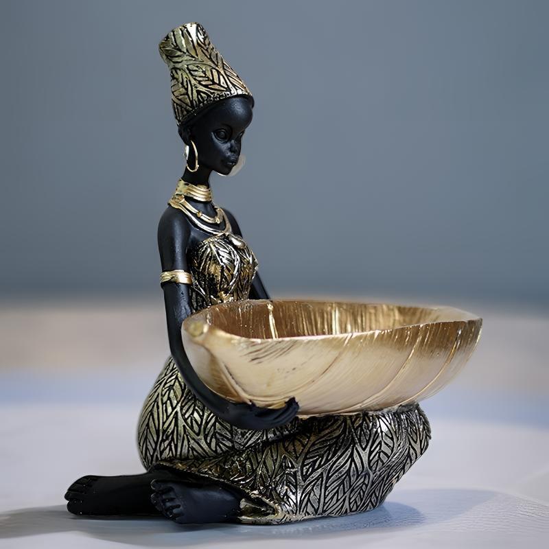 African Girl Holding A Plate Sculpture, Home And Office Decorative Storage Ornament, Vintage Collectible Craft Deskt Decor