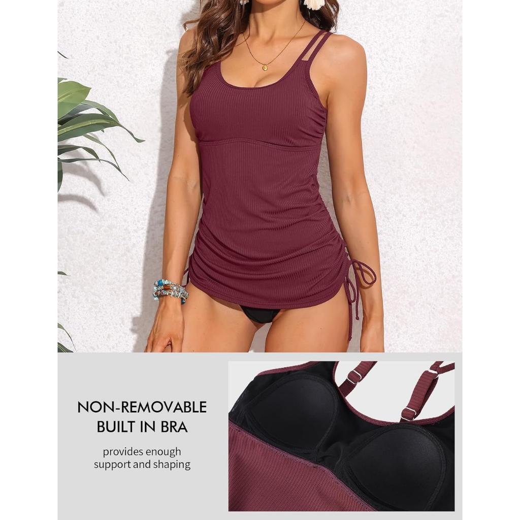 CHARMLEAKS Women's Tankini Top Tie-Side Drawstrings Bathing Suit Top Ribbed Fabric Tummy Control Sporty Swimsuit Top