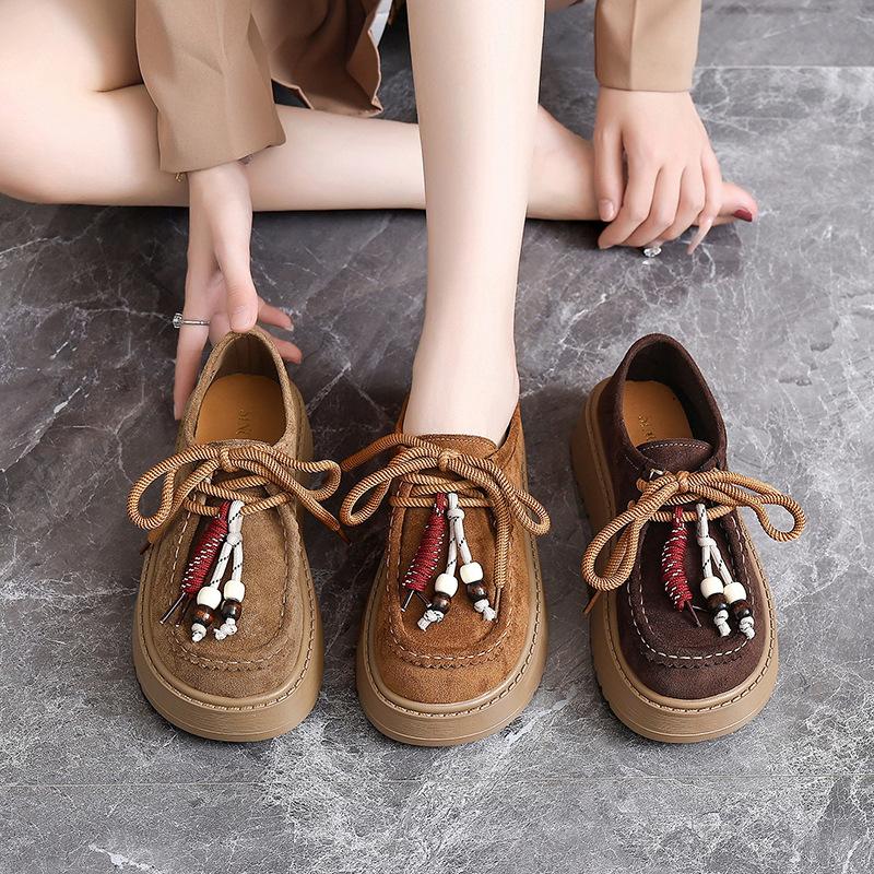 Retro fringed beaded loafers women's autumn 2025 new suede comfortable soft muffin sole casual shoes