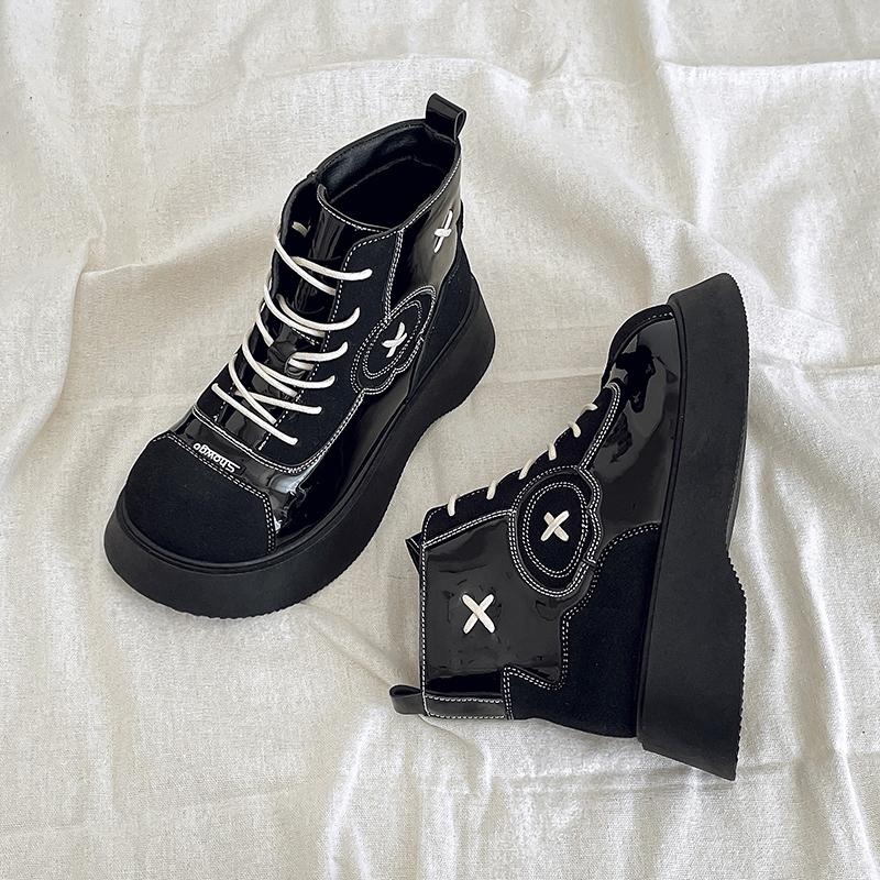 Stylish Single Boots Autumn New Round Toe Spliced Front Lace-Up Platform Anti-Slip Wear-Resistant Short Shoe