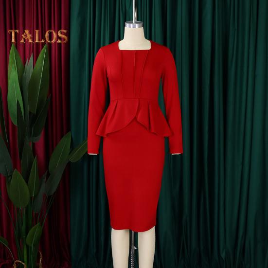 Vestido de negocios para mujer, escote cuadrado, manga larga, color puro, con volantes, retazos, corte entallado, vestido formal midi para desplazamientos diarios