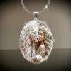 Beauty and Lion Pattern Oval Glass Pendant Necklace Jewelry