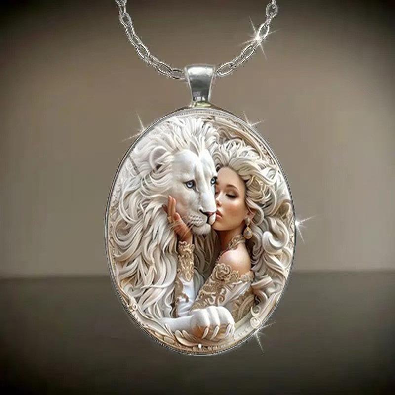 Beauty and Lion Pattern Oval Glass Pendant Necklace Jewelry