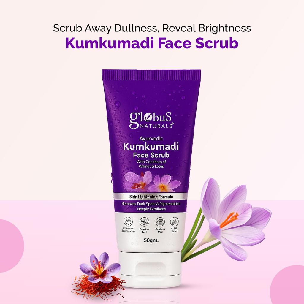 Globus Naturals Ayurvedic Kumkumadi Skin Lightening Face Scrub, Enriched with Walnut & Lotus Extract, Chemical Free, Cruelty Free, Suitable For All