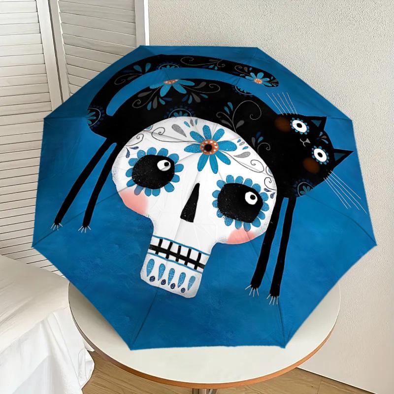 1PC Sugar Skull Cat Auto Folding Umbrella - Compact 8-Rib Design, Durable Plastic & Iron, Lightweight for Outdoor Daily Use097